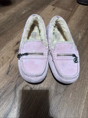 UGG Pink Suede Shearling Moccasin Slippers with Top Zipper